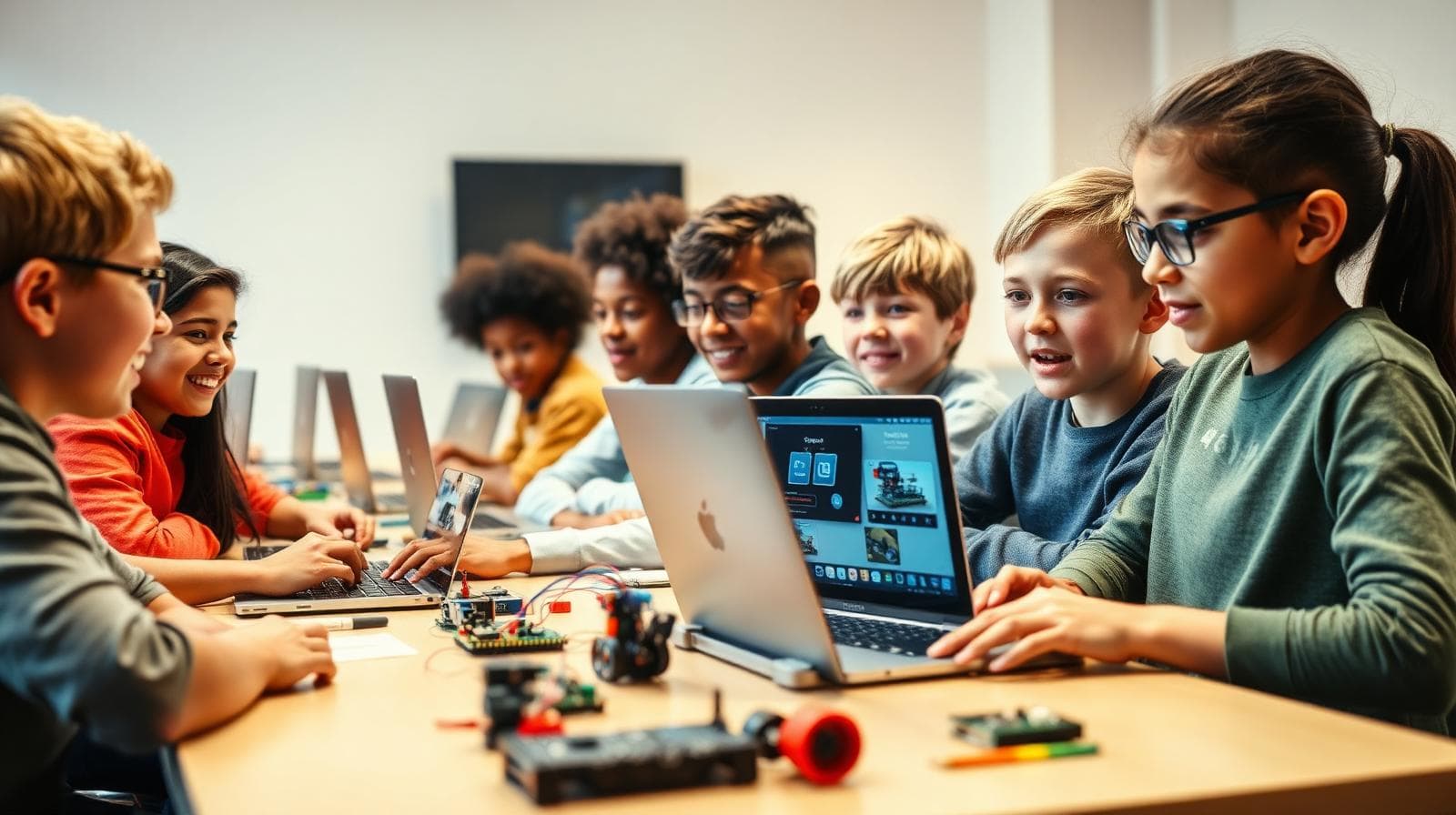 Niños y jóvenes tomando cursos online y programando robots y tarjetas electrónicas