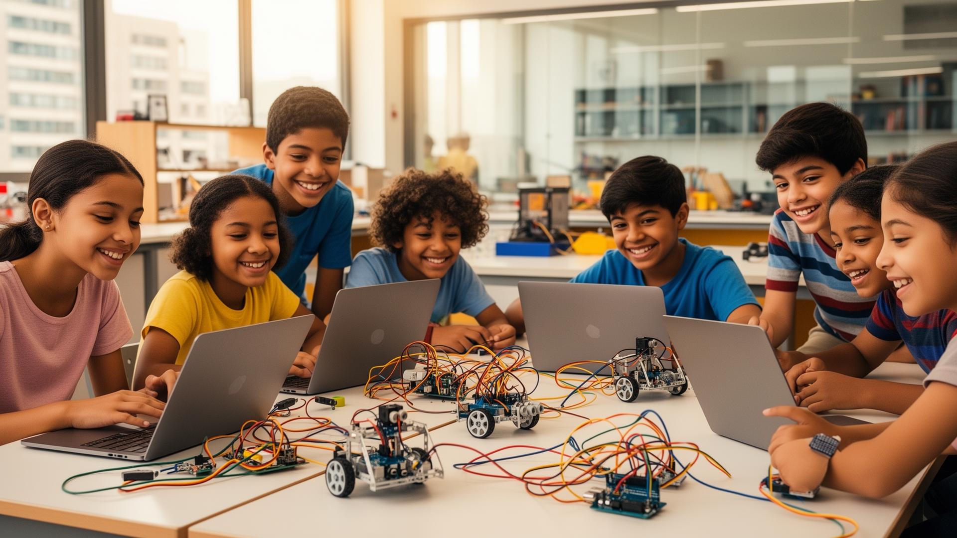 Estudiantes de K-12 explorando robótica, programación y fabricación digital