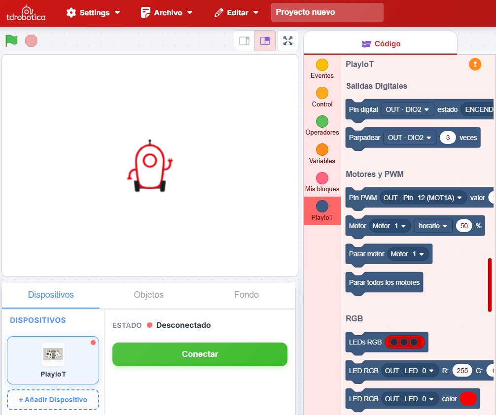 Interfaz del software playCode con bloques de programación