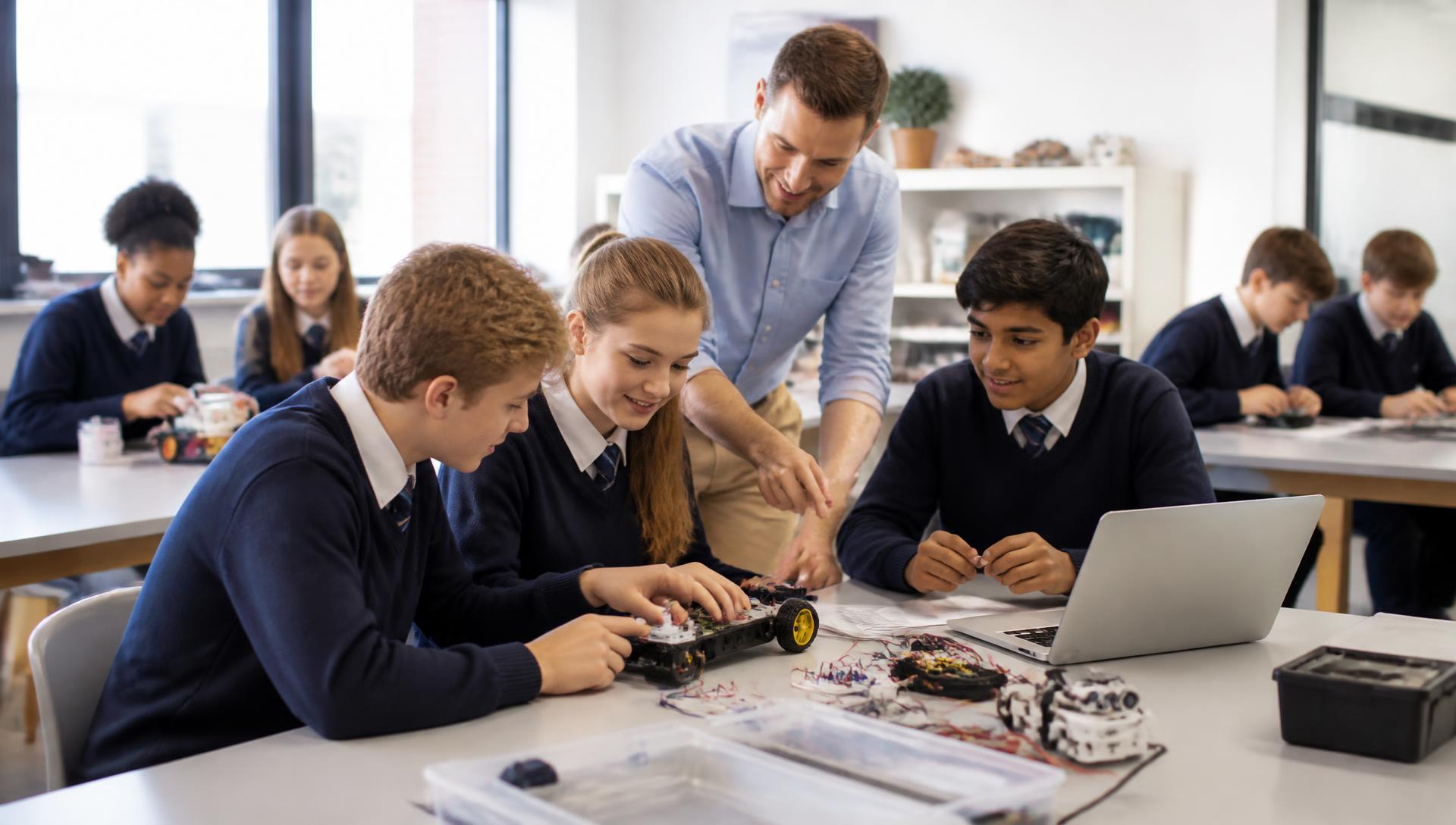 Estudiantes de colegio trabajando en equipo con robots educativos y laptops en clase de tecnología